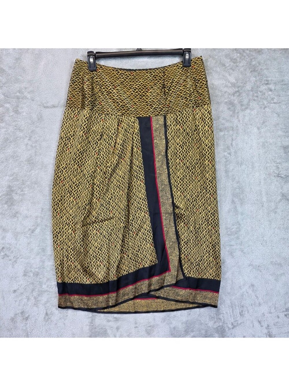 Vintage Norma Walters Skirt Womens 12 Gold Silk Geometric Midi Wrap Slit